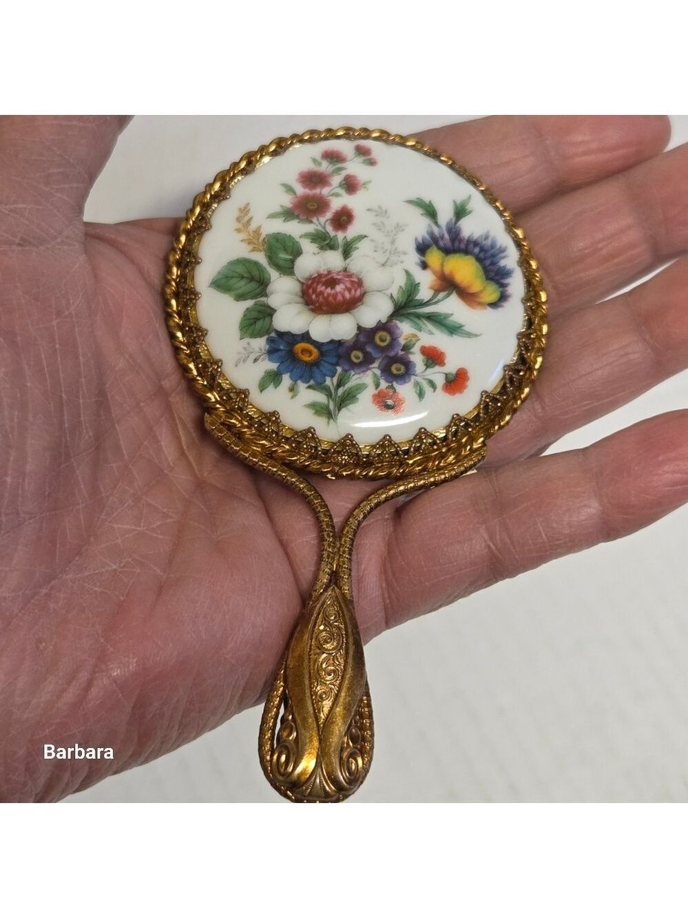 Vintage 70s Gold-tone Handbag Mirror with Porcelain Hand-painted Floral Back